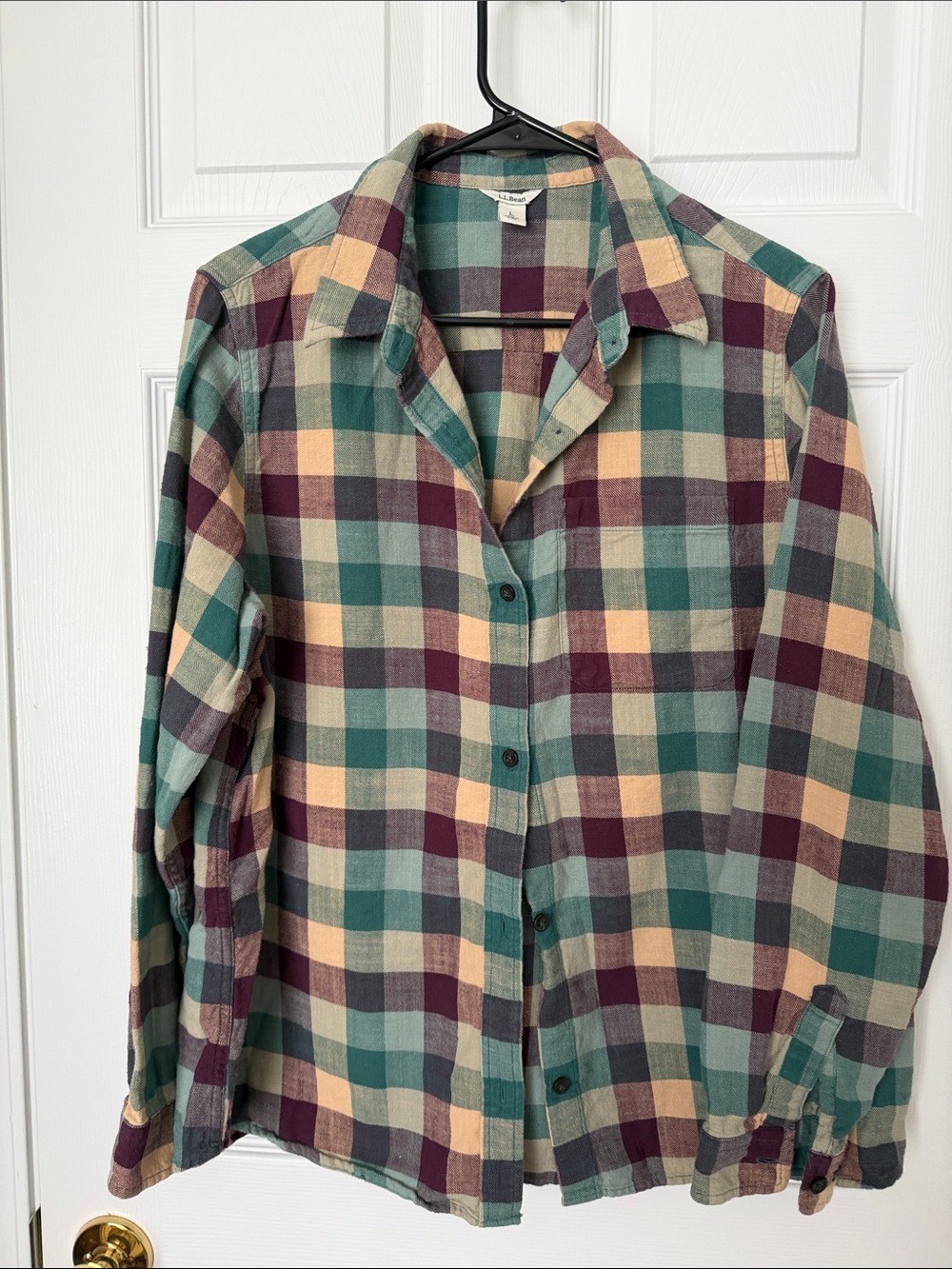 LL Bean women’s Plaid Button-Up Shirt in Teal, Burgundy & Cream